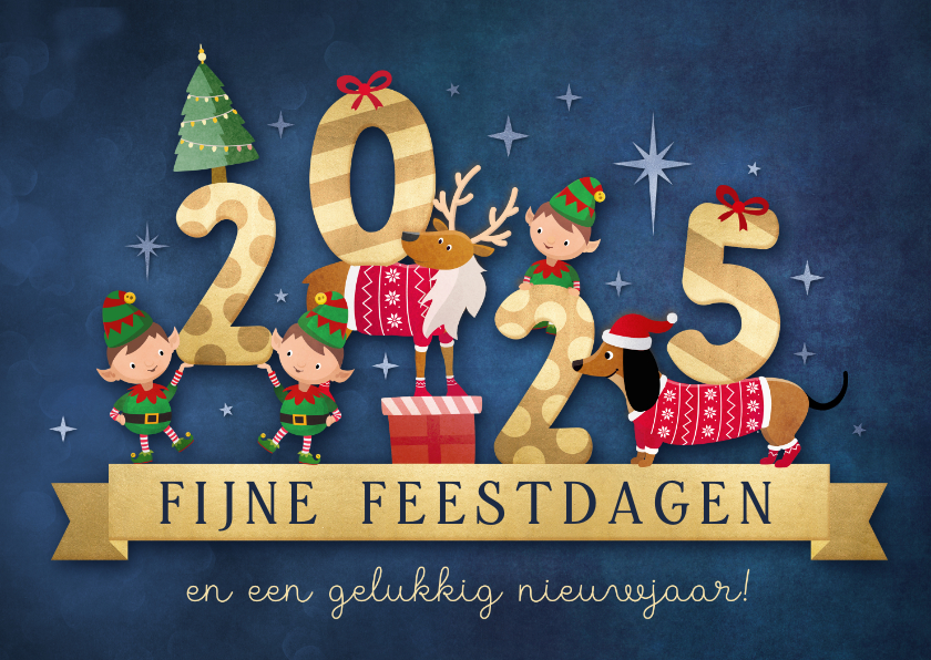 Kerstkaarten - Vrolijke 2025 kerstkaart met illustratie van lieve diertjes