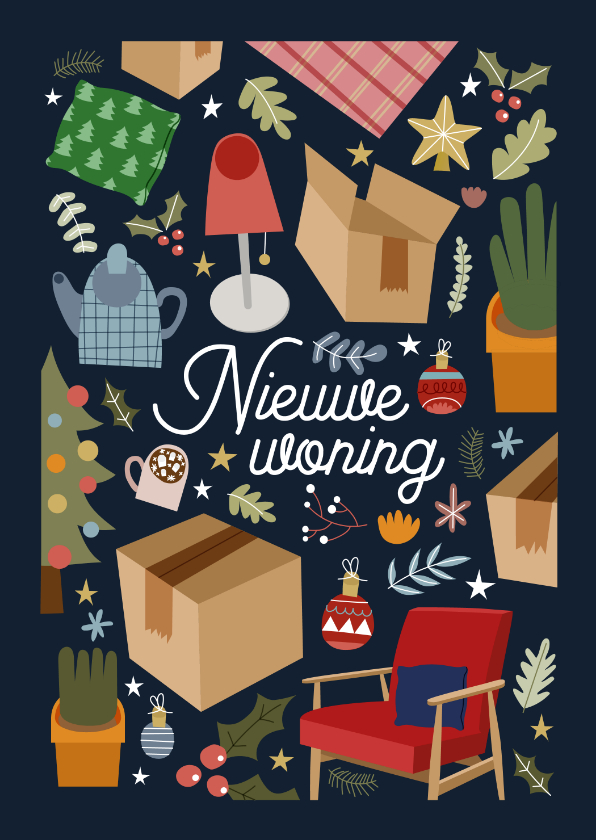 Kerstkaarten - Vrolijke kerst-verhuiskaart met illustraties