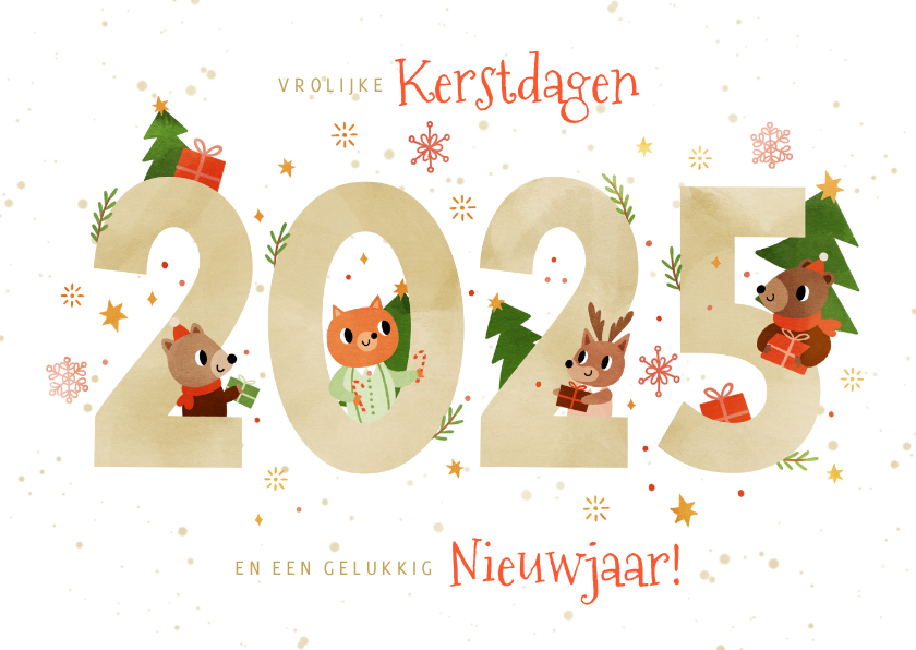 Kerstkaarten - Vrolijke kerstkaart dieren met cadeautjes 2025 wit