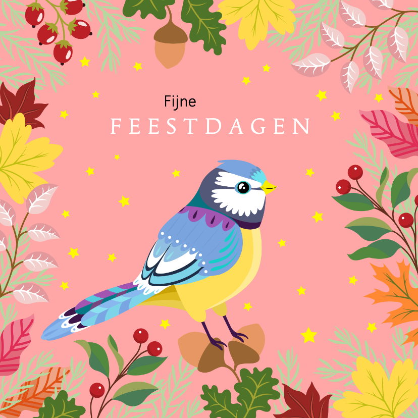 Kerstkaarten - Vrolijke kerstkaart met vogel en planten en bloemen