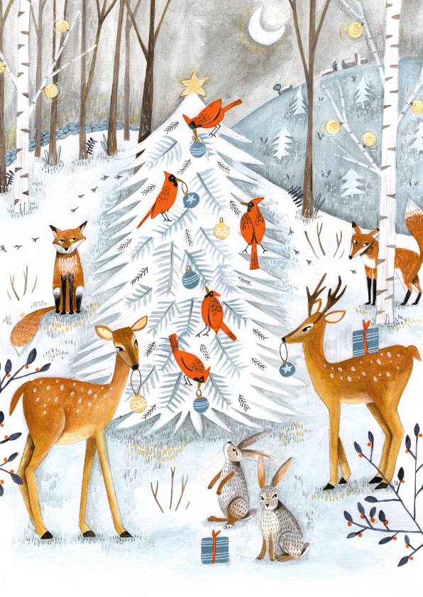 Kerstkaarten - Winter wonderland dieren illustratie