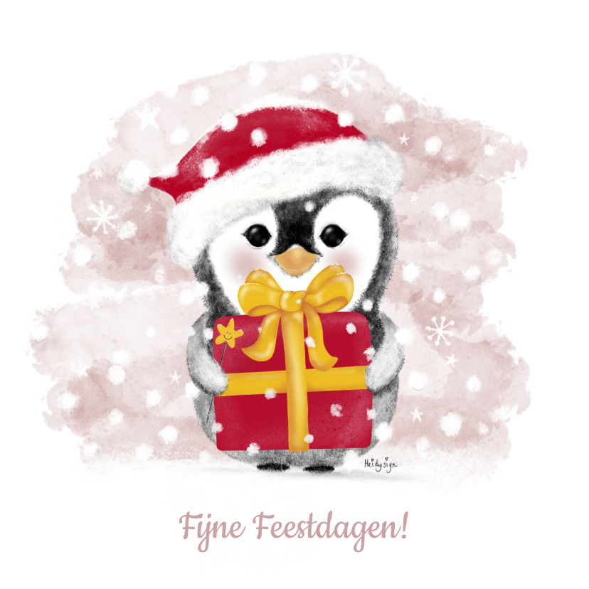 Kerstkaarten - Winterse kerstkaart met een schattige pinguin met een cadeau