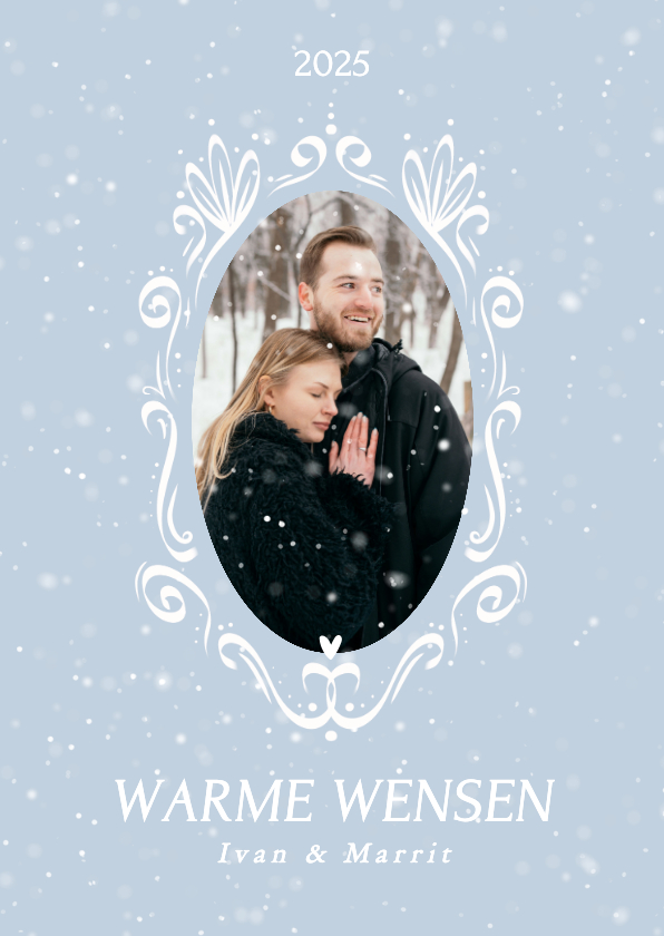 Kerstkaarten - Winterse klassieke fotokaart met ornament kader en sneeuw