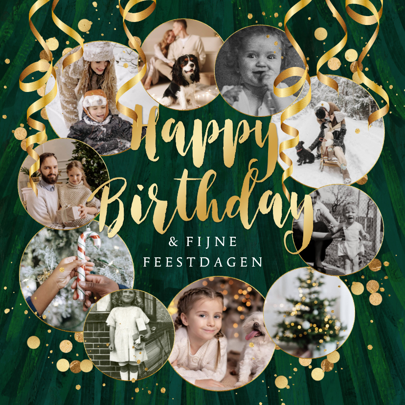 Kerstkaarten - Winterse verjaardagskaart fotocollage confetti goudlook