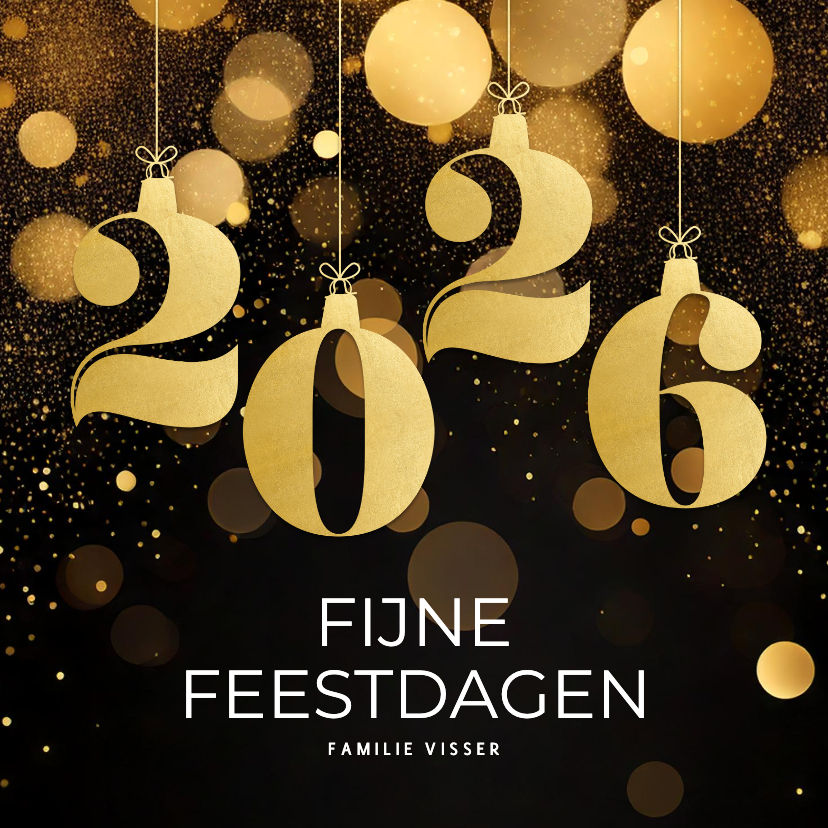Kerstkaarten - Zwarte kerstkaart met gouden 2026 met glitter