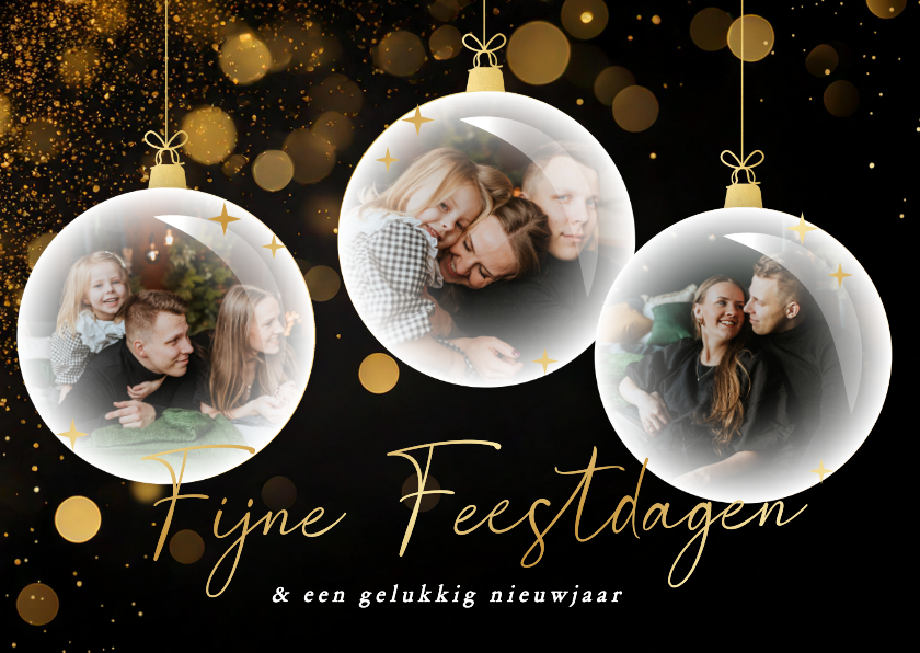 Kerstkaarten - Zwarte stijlvolle kerstkaart met fotocollage kerstbal goud