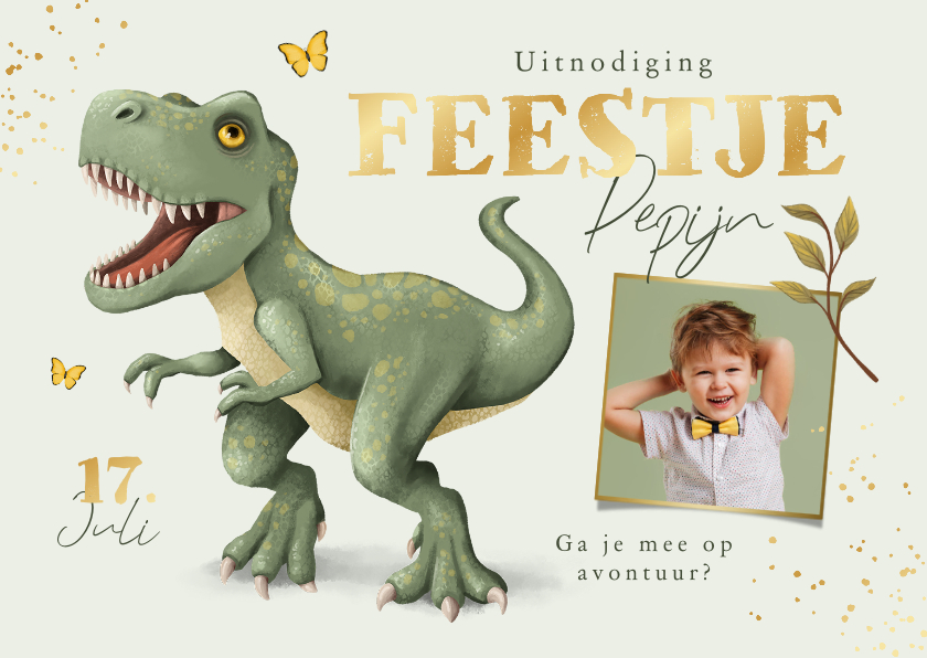 Kinderfeestjes - Kinderfeestje dinosaurus t-rex jungle stoer goud vlinders
