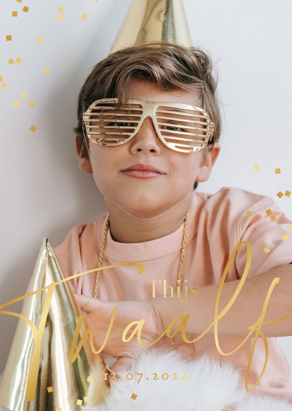 Kinderfeestjes - Kinderfeestje uitnodiging 12 jaar goud confetti foto