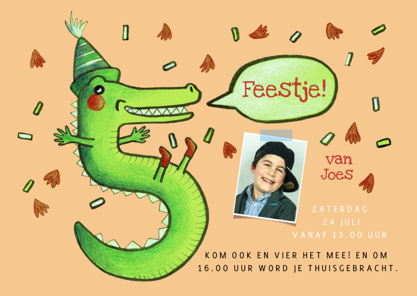 Kinderfeestjes - Kinderfeestje uitnodiging 5 jaar als krokodil