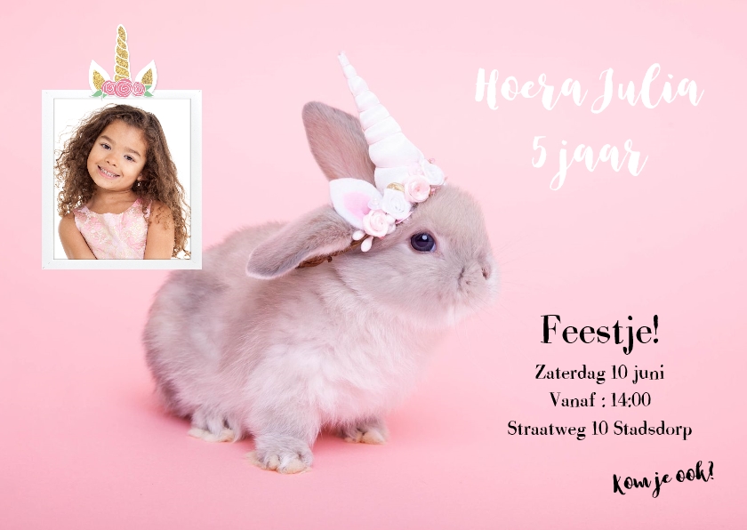 Voorvoegsel winnaar Hoelahoep Kinderfeestje uitnodiging- Eenhoorn konijntje | Kaartje2go