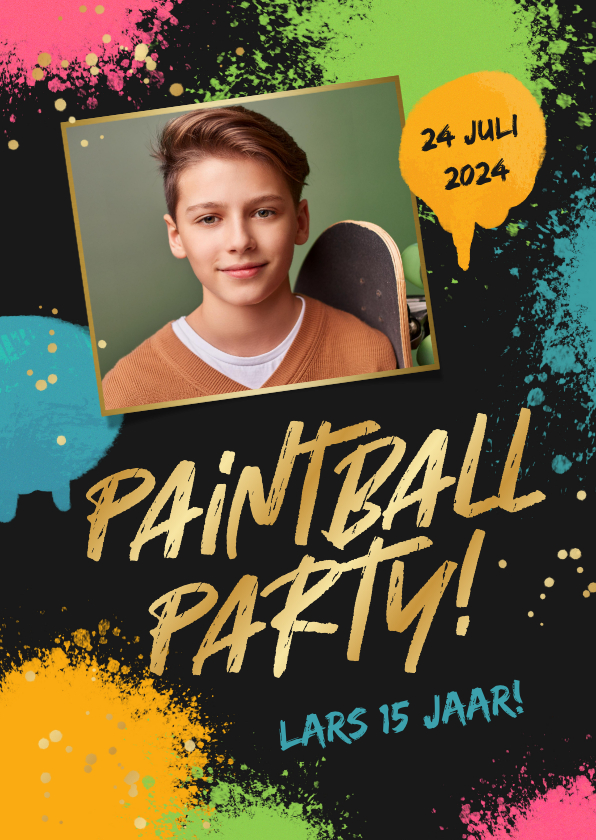 Kinderfeestjes - Kinderfeestje uitnodiging paintball stoer verf foto goud