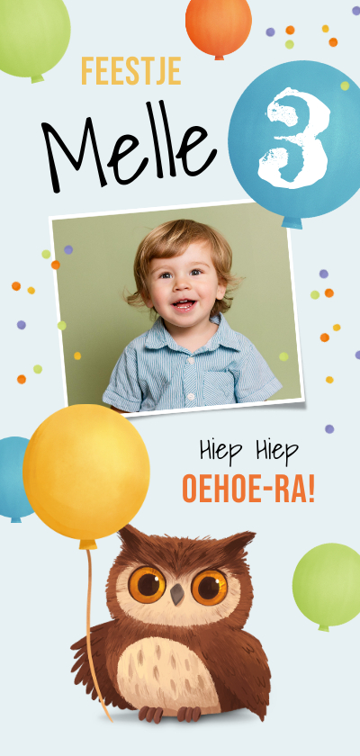 Kinderfeestjes - Kinderfeestje uitnodiging uiltje oehoe ballonnen confetti