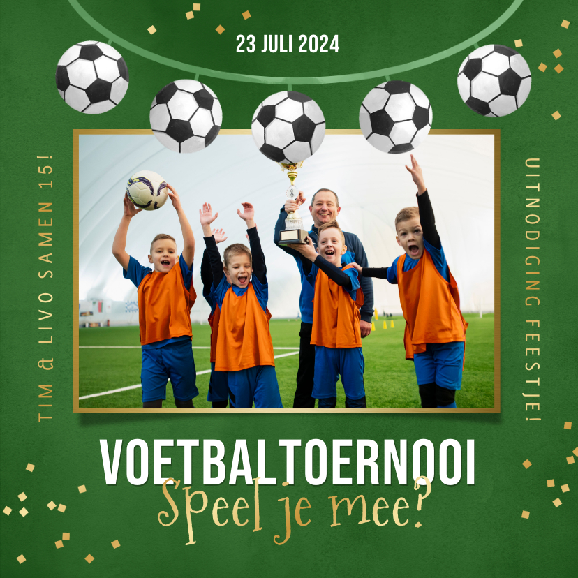 Kinderfeestjes - Kinderfeestje uitnodiging voetbaltoernooi confetti foto