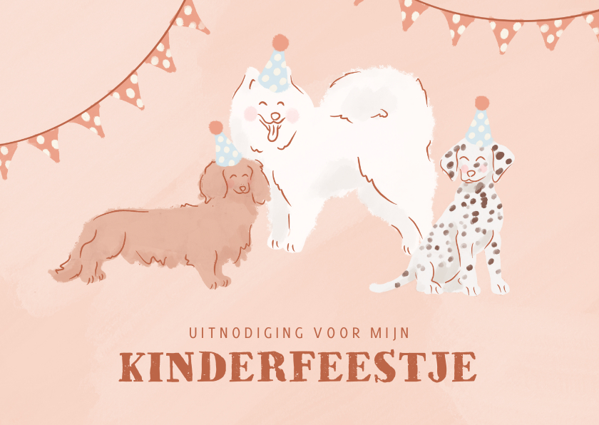 Kinderfeestjes - Leuke uitnodiging kinderfeestje met hondjes met feesthoedje
