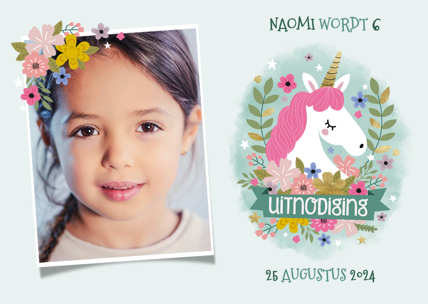 Kinderfeestjes - Lieve uitnodiging kinderfeestje met eenhoorn, bloemen & foto