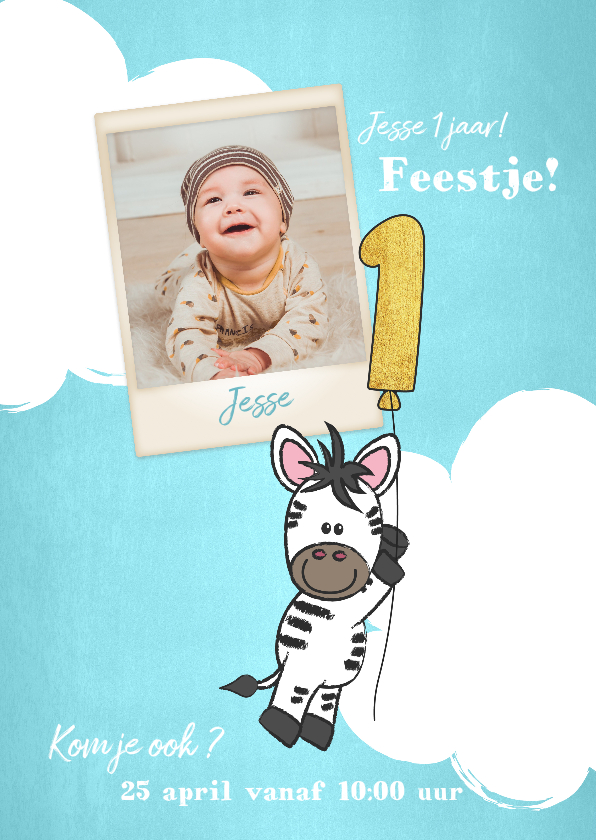 Kinderfeestjes - Uitnodiging 1e verjaardag lief en schattig zebra met ballon