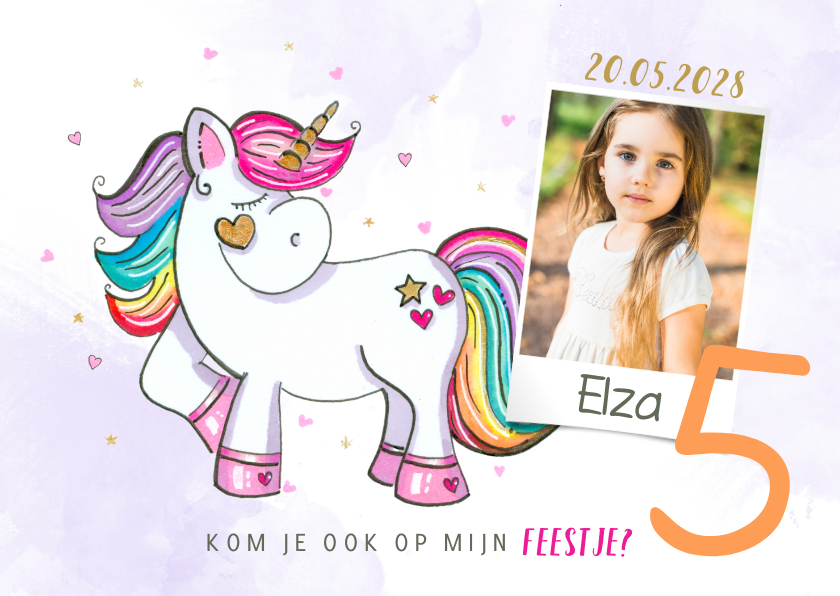 Kinderfeestjes - Uitnodiging kinderfeestje meisje unicorn lila watercolor