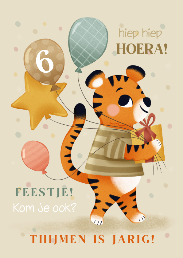 Kinderfeestjes - Uitnodiging kinderfeestje met tijger ballonnen en confetti