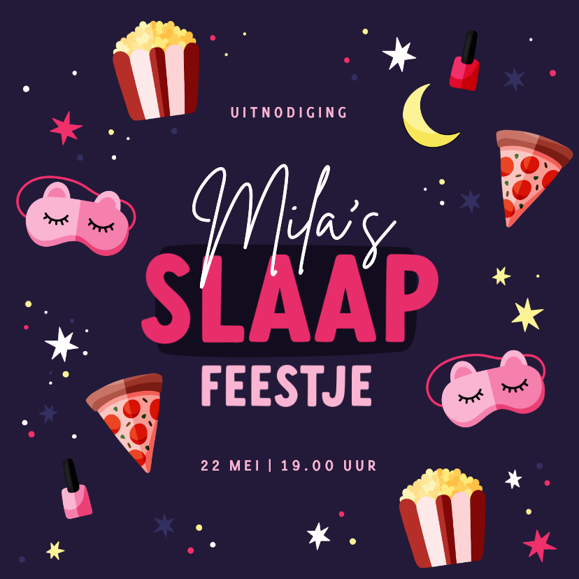 Kinderfeestjes - Uitnodiging slaapfeestje slaapmaskers make up en sterren