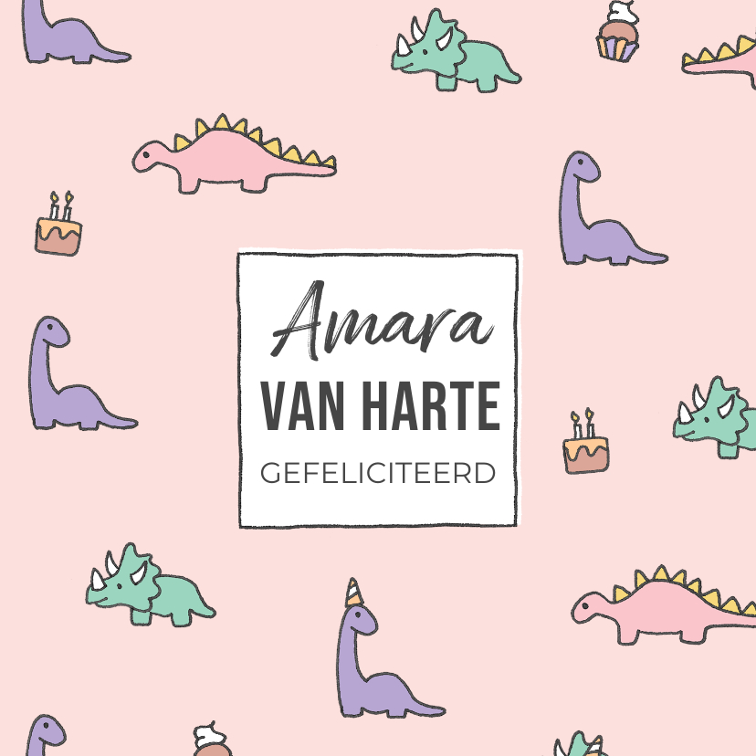 Kinderfeestjes - Verjaardagskaart met multi gekleurde dino's