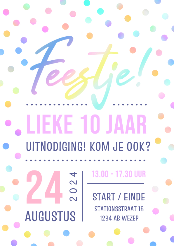 Kinderfeestjes - Vrolijk en hip kinderfeestje uitnodiging confetti meisje