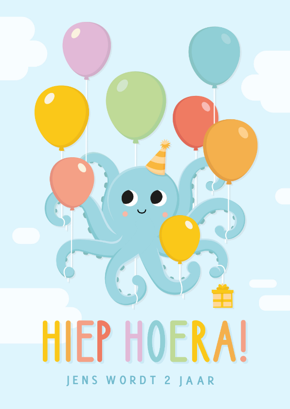 Kinderfeestjes - Vrolijke uitnodiging kinderfeestje met octopus met ballonnen