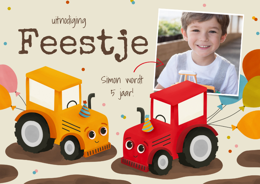 Kinderfeestjes - Vrolijke uitnodiging kinderfeestje rode en gele tractors