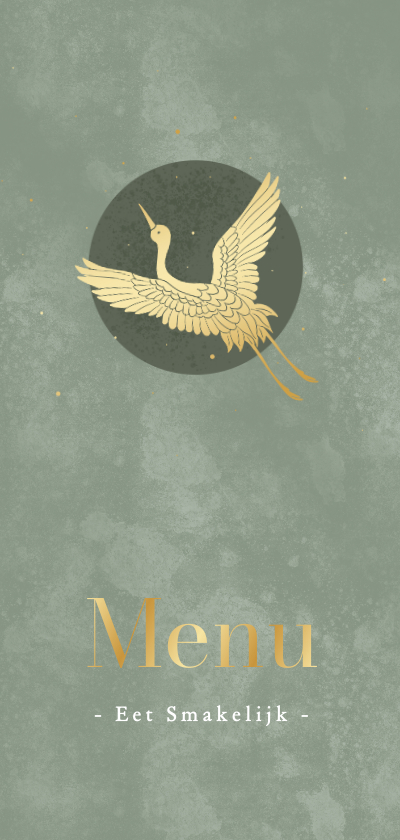 Menukaarten - Bijzondere menukaart groene waterverf met gouden kraanvogel