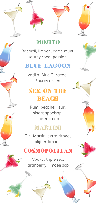 Menukaarten - Cocktail kaart zomer beach party cocktails drankjes
