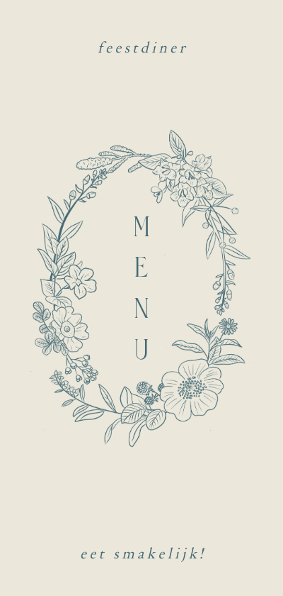 Menukaarten - Mooie klassiek menukaartjes met bloemenkrans in blauwgroen