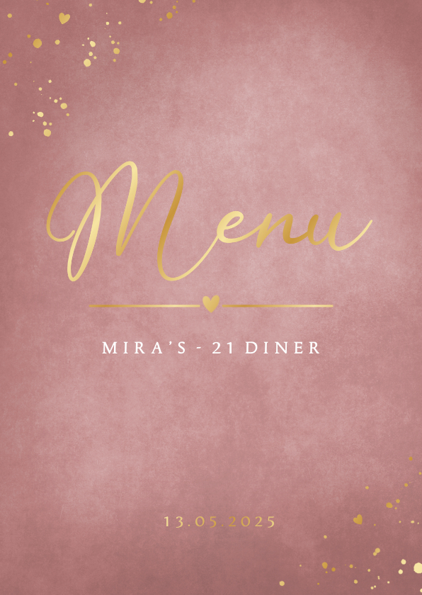 Menukaarten - Stijlvolle oud roze 21 diner menukaart met gouden spetters