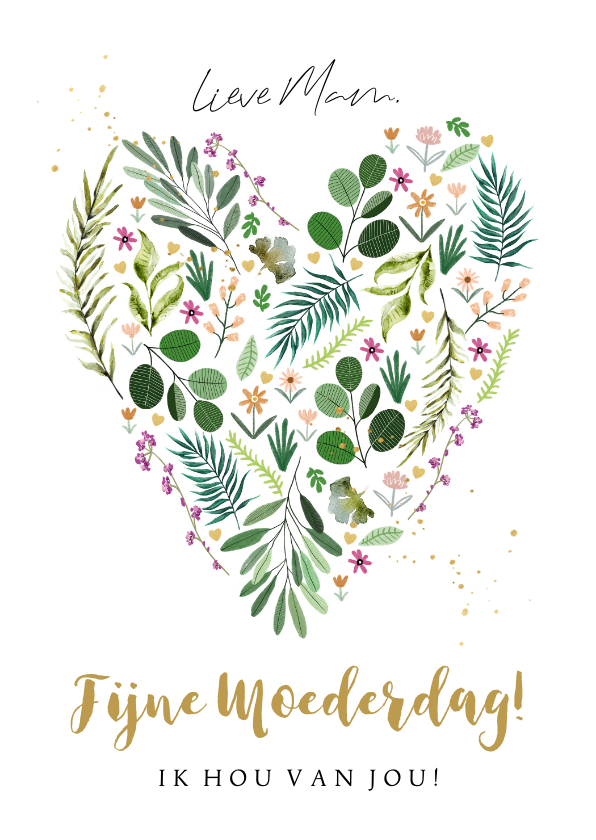 Moederdag kaarten - Liefdevolle moederdagkaart bloemen hart botanisch goud