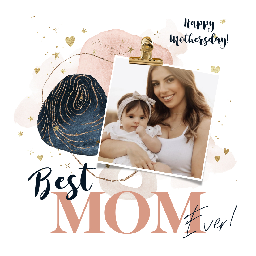 Moederdag kaarten - Moederdagkaart 'Best Mom Ever' watercolor sterren goud 