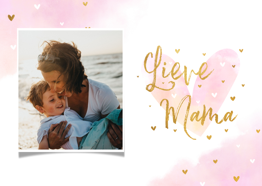 Moederdag kaarten - Moederdagkaart foto 'Lieve Mama' met hartjes goudlook