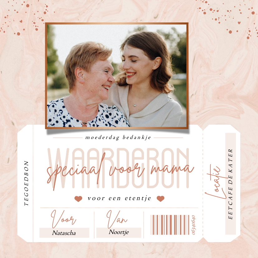 Moederdag kaarten - Stijlvolle roze waardebon moederdagkaart met foto en marmer