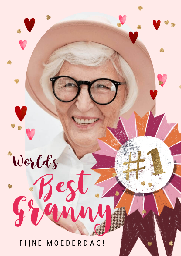 Moederdag kaarten - Trendy moederdagkaart 'Best Granny' vaandel foto hartjes