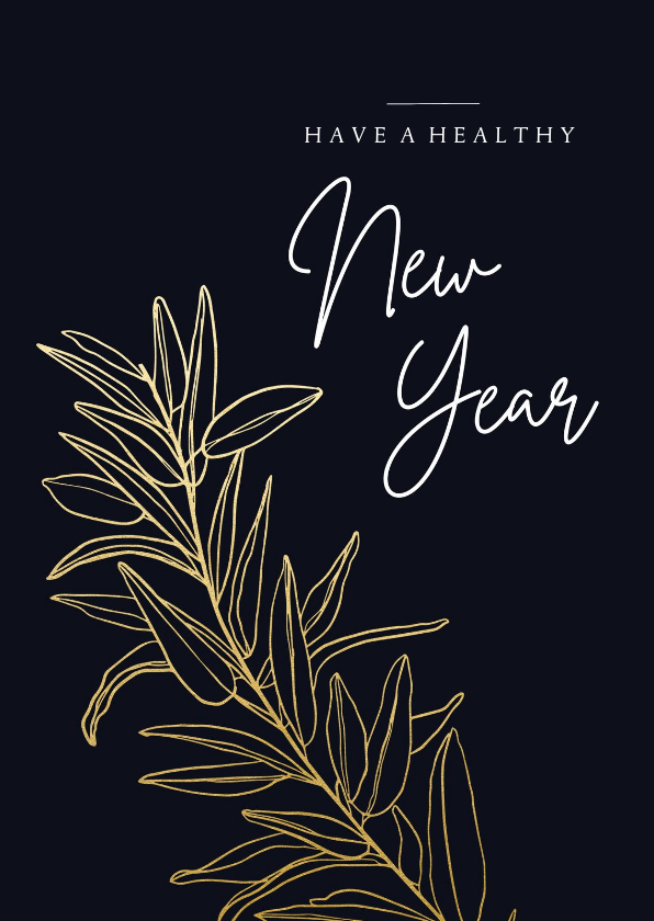 Nieuwjaarskaarten - Donkerblauwe stijlvolle nieuwjaarskaart met gouden tak