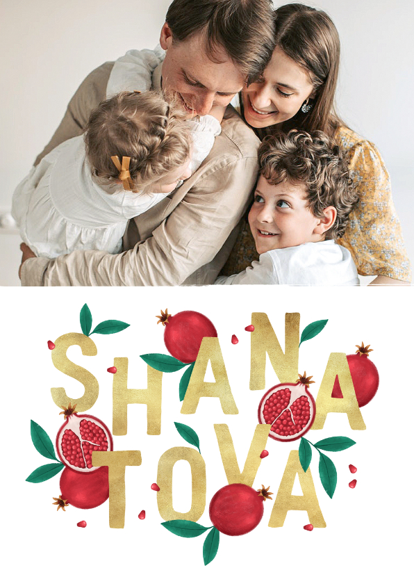 Nieuwjaarskaarten - Fotokaart shana tova joods granaatappel goud typografie