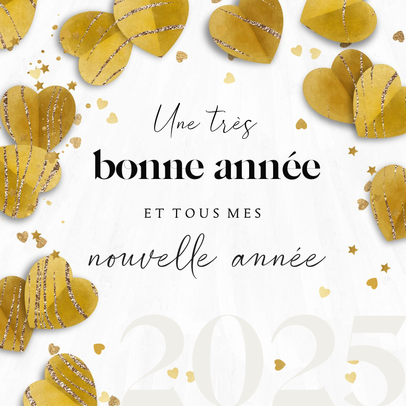 Nieuwjaarskaarten - Franse nieuwjaarskaart met hartjes confetti goudlook