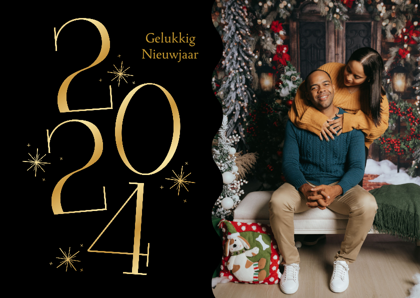 Nieuwjaarskaarten - Gouden nieuwjaarskaartje met jaartal en sterren zwart