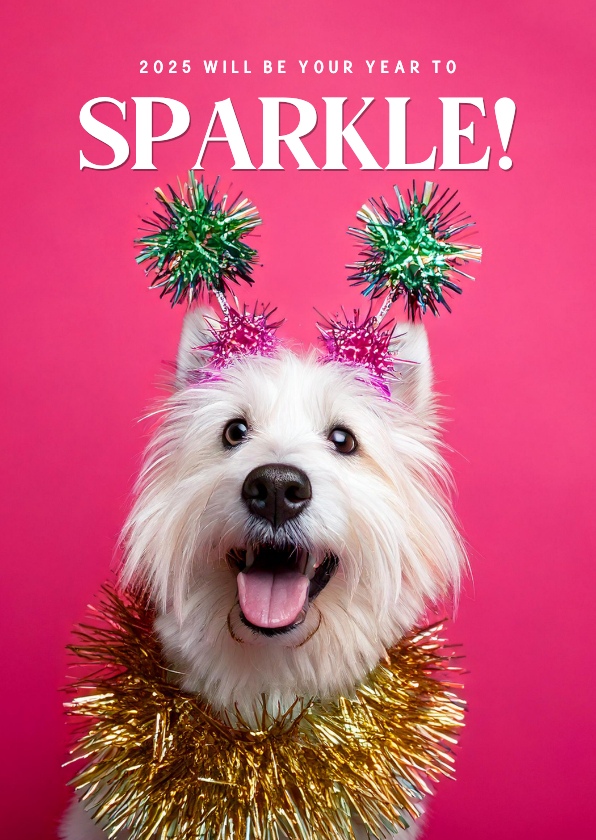 Nieuwjaarskaarten - Grappige roze nieuwjaarskaart met hond your year to sparkle