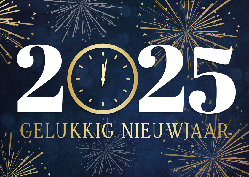 Nieuwjaarskaarten - Nieuwjaarskaart 2025 met klok op 12 uur en vuurwerk