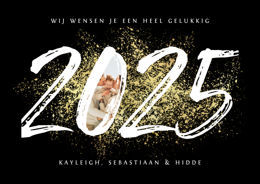 Nieuwjaarskaarten - Nieuwjaarskaart 2025 stijlvol goud spetters vuurwerk