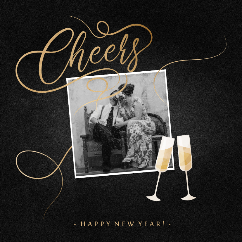 Nieuwjaarskaarten - Nieuwjaarskaart champagne met foto en gouden linten