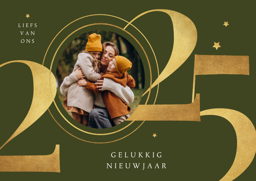 Nieuwjaarskaarten - Nieuwjaarskaart foto goud 2025 grafisch sterren