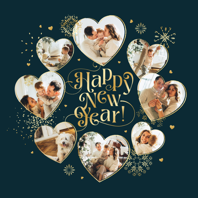 Nieuwjaarskaarten - Nieuwjaarskaart fotocollage hartjes vuurwerk liefde goud