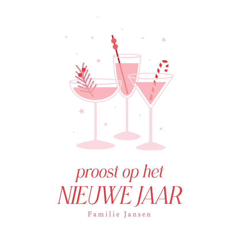 Nieuwjaarskaarten - Nieuwjaarskaart glaasjes cocktails in wit roze en rood