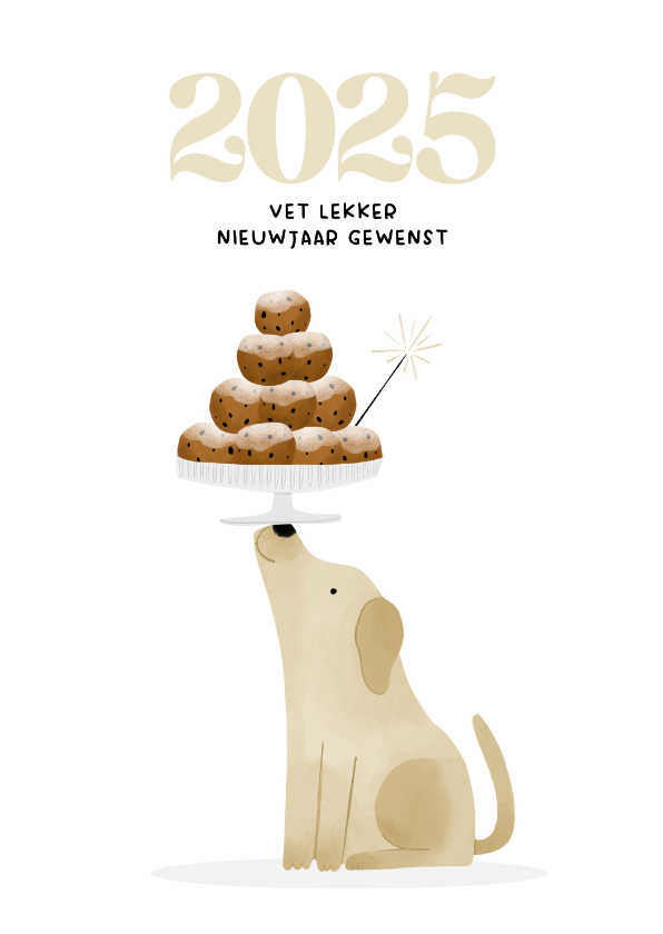 Nieuwjaarskaarten - Nieuwjaarskaart hondje met oliebollen en jaartal 2025