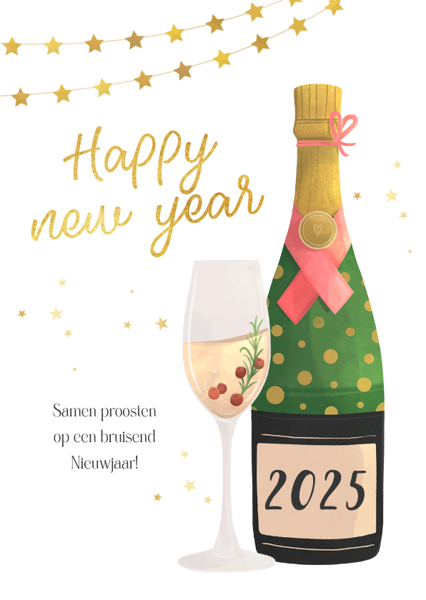 Nieuwjaarskaarten - Nieuwjaarskaart illustratie champagne sterren 2025