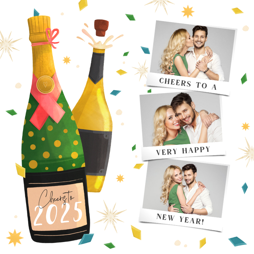 Nieuwjaarskaarten - Nieuwjaarskaart illustratie champagneflessen drie foto's